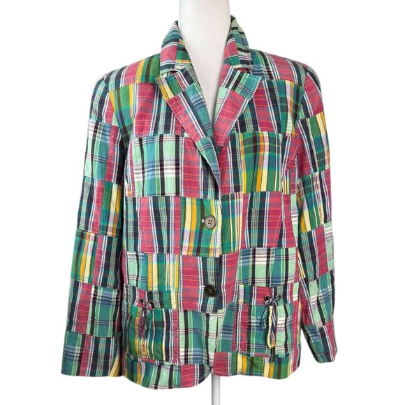 Doncaster Sport Women's 12W Blazer Jacket Madras Plaid Patchwork Cotton Vintage - Picture 2 of 10